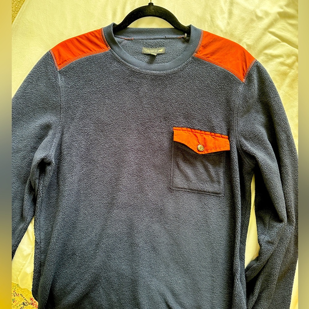 Toad & Co Fleece Pullover Sweater Blue & Burnt Orange Elbow Patch Men's M